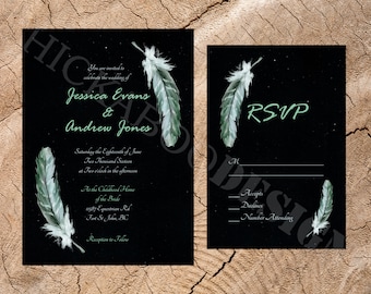 Green Feathers and Stardust Wedding Invite & RSVP Set