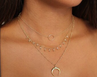 Dangle Necklace, Set of 3 necklaces, multi charm necklace, Delicate Layered Necklaces Set,