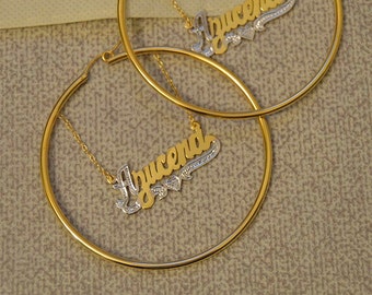 Name hoop earrings,Gold name earring,Hoop earring,Name earrings,Popular hoop gold earring, Street style name earring,Gold fill hoop earring.