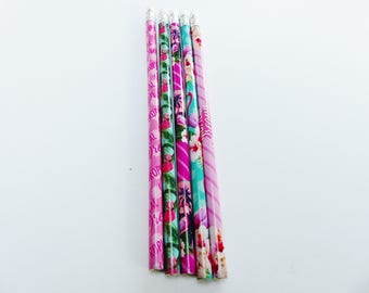 5 pencils tropical Flamingo tropical Palm tree flower with Eraser pink green and blue