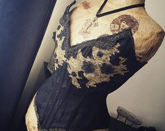 Gold dust Vixen Corset with a plunge neckline.