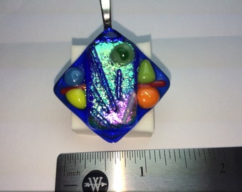 Fancy Blue with rainbow dichroic fused glass pendant Lopez Jewelry Designs