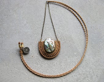 Abalone Necklace Micro Macrame . Modern Textile Fiber Jewelry . Design by .. raïz ..