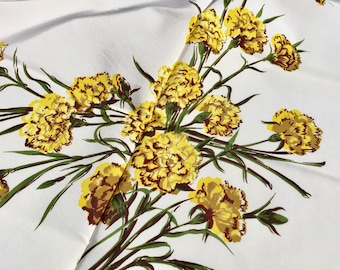 Vintage Tablecloth California Hand Prints Yellow Carnations 53 x 50