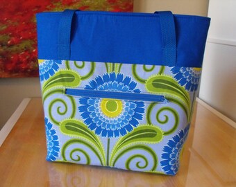 Zippered Tote Bag - Blue Flower/Periwinkle/Green