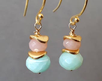 Peruvian opal earrings, October wife gift, earrings opal gold, blue Peruvian opal earrings, October birthstone earrings, girlfriend gift