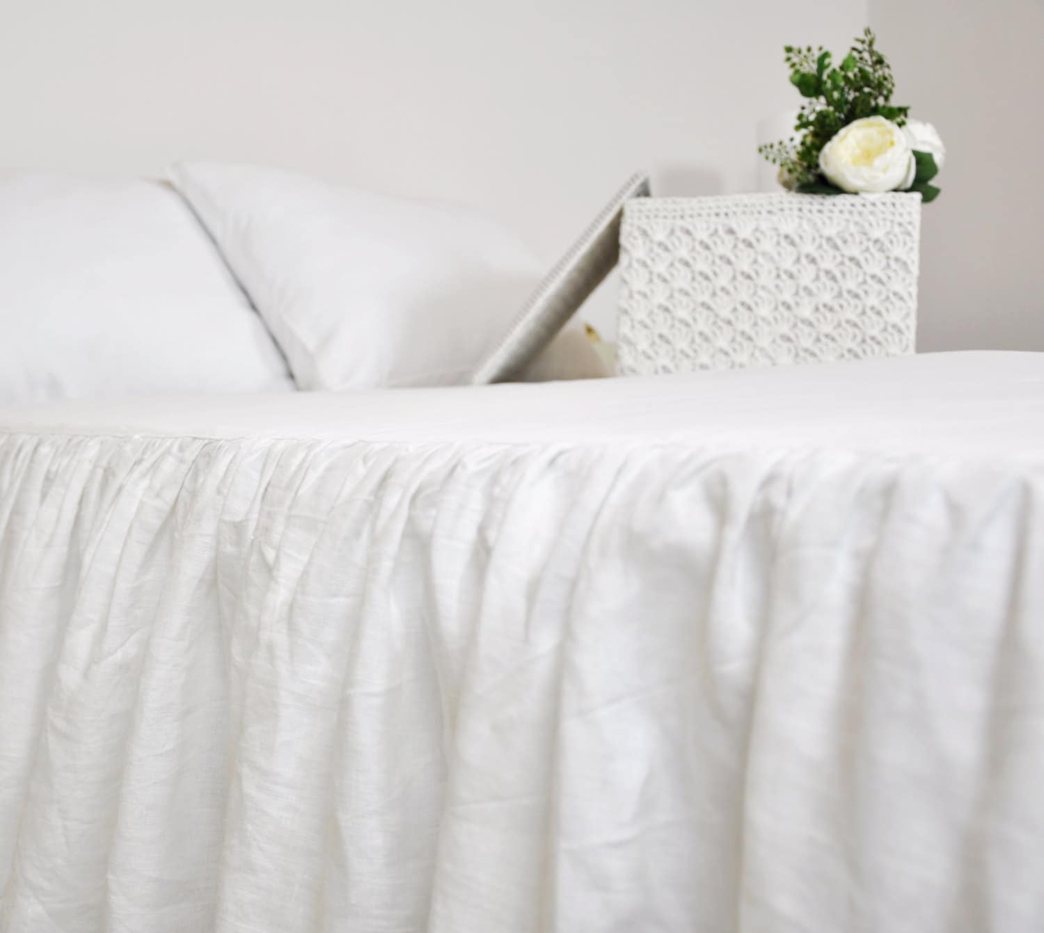 White Linen Bed Skirt Custom Dust Ruffle Queen King Full