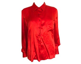 Vintage Red Satin Blouse, Red Satin Top