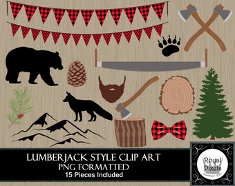 Lumberjack Style Clip Art - 15 Pieces Included - Buffalo Plaid - Mountain, Bear, Fox, Axe, Saw, Tree Stump, Tree, Beard, Pine Cone - PNG #82