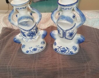 Blue and White Frog Candle Holders