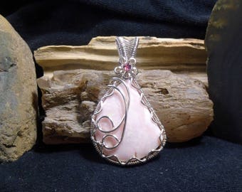 Peruvian Pink Opal Wire Wrapped Stone Antique Silver Pendant Light Blush Pink