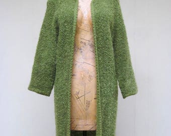 Vintage 1960s Sweater Coat / 60s Green Boucle Knit Open Cardigan / Small