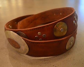 Vintage Moroccan brown leather belt silver gold buckle gold studs M / L medium large