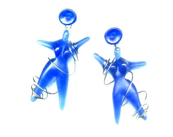 Vintage French Clip On earrings - Blue woman/ Fat Lady - Pop Art
