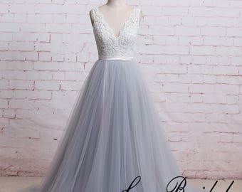 A Line Boho Wedding Dress with Sheer V Cut Back Dusty Blue Tulle Wedding Dress with Ribbon Lace Wedding Dress