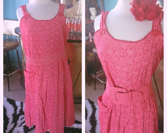 Vintage 1940s Dress pink red paisley print sleeveless Swing Rockabilly Pinup L XL 40s VLV