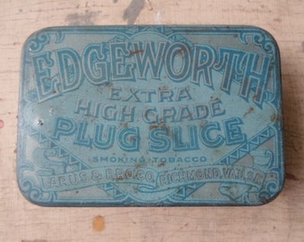 Vintage 1940s Edgeworth Extra High Grade Plug Slice Smoking Tobacco Tin Virginia Blue Rustic Small