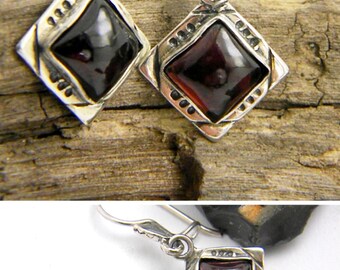 Garnet earrings, sterling silver dangle earrings, rustic antique style, gemstone earrings, garnet jewelry, January birthstone