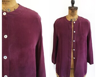 Slouchy silk plum coloured collarless blouse. Size L/XL.