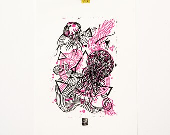 JellyFluo LINOCUT PRINT (magenta fluo / black)