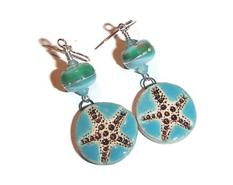 Lampwork and Ceramic Starfish Earrings Beach Earrings Starfish Sea Summer Jewelry BE44