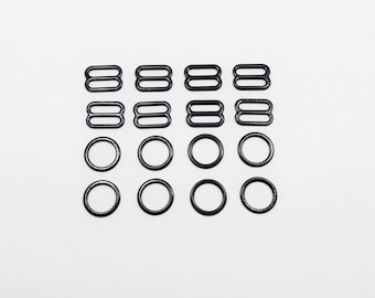 Nylon coated metal, rings and sliders, 4 sets, metal findings, strap adjusters, 11-12 mm, 1/2 in, colored metal, bra making, lingerie making