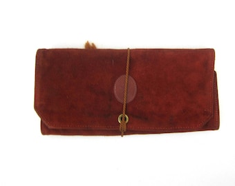 80s Suede Leather Clutch Basic Envelope Fold Over Handbag Vintage Minimal Brown Leather Hand Bag Boho Jewelry Bag Simple Hipster Bag