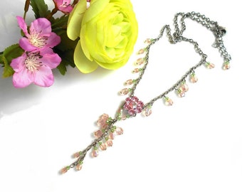 Pink Flower necklace with Swarovski crystals and pink and green beads