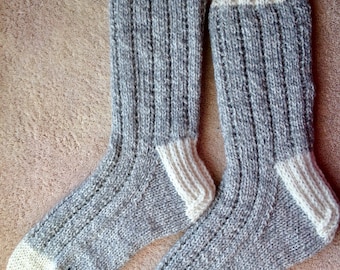 Hand Knit Women's XL or Men’s LARGE 100% Wool Heavy Boot, Hiking, Skiing, Snowboarding Socks (B-065)