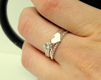 Heart ring and cubic zirconia Sterling silver stacking rings set stackable sterling silver ring heart stacking ring cubic zirconia ring