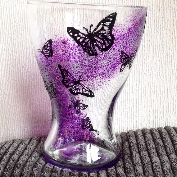 1 Butterfly Vase / Hand Painted Vase / Pink / Vase / Glass