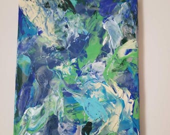 Original Abstract Acrylic Painting, 8 x 10, blues, greens, cream