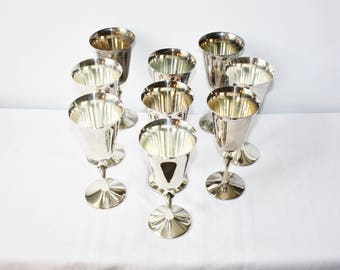 Silverplate Wine Goblets Set of 9 KIRK Spain Entertaining Stemware Silver Plate Christmas Halloween Gothic Celebration