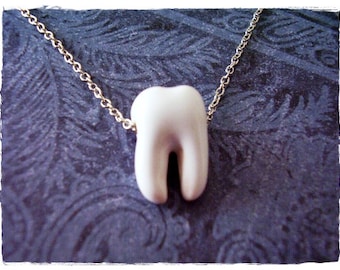 White Human Tooth Necklace - White Enameled Ceramic Tooth Charm on a Delicate Silver Plated Cable Chain or Bead Only