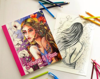 Colouring book "Flowers and gems" in high quality paper, + one original drawing + dedication, + inedited and exlusive colouring page