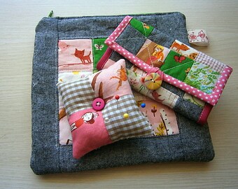 Project bag set, pincushion, zipper pocket, organizer, Heather Ross, Tiger Lily, handmade