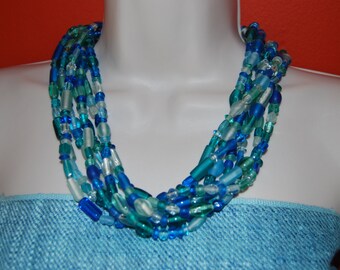 Statement Necklace Turquoise Blue and Light Green Glass Beaded Necklace Multi Strand Chunky Bold