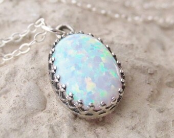 Sterling Silver White Opal Pendant, Oval Opal Necklace, October Birthstone Necklace, Opal Pendant, White Opal, Sterling Silver Opal Jewelry
