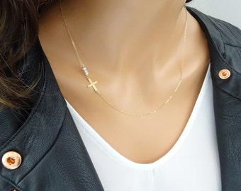 Sideways Cross Necklace with three tiny Birthstones, godmother jewelry, Silver cross necklace, Baptism gifts, Christening jewelry