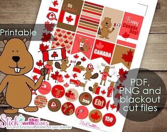 Canada Day Moose and Beaver Printable Hand-Drawn Planner Stickers for Happy Planner, Erin Condren Planners