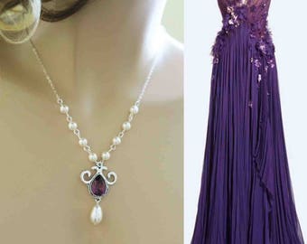 Purple Wedding Necklace Swarovski Crystal Plum Wisteria Regency Teardrop Pearl Grape Bridal Jewelry Aubergine Wedding Eggplant Orchid Bridal
