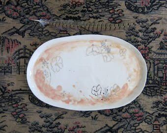 Ceramic Art Plate White Pink and Gold Woodland Floral One of a Kind Hand-painted Home Decor, Handmade Artisan Pottery by Licia Lucas Pfadt