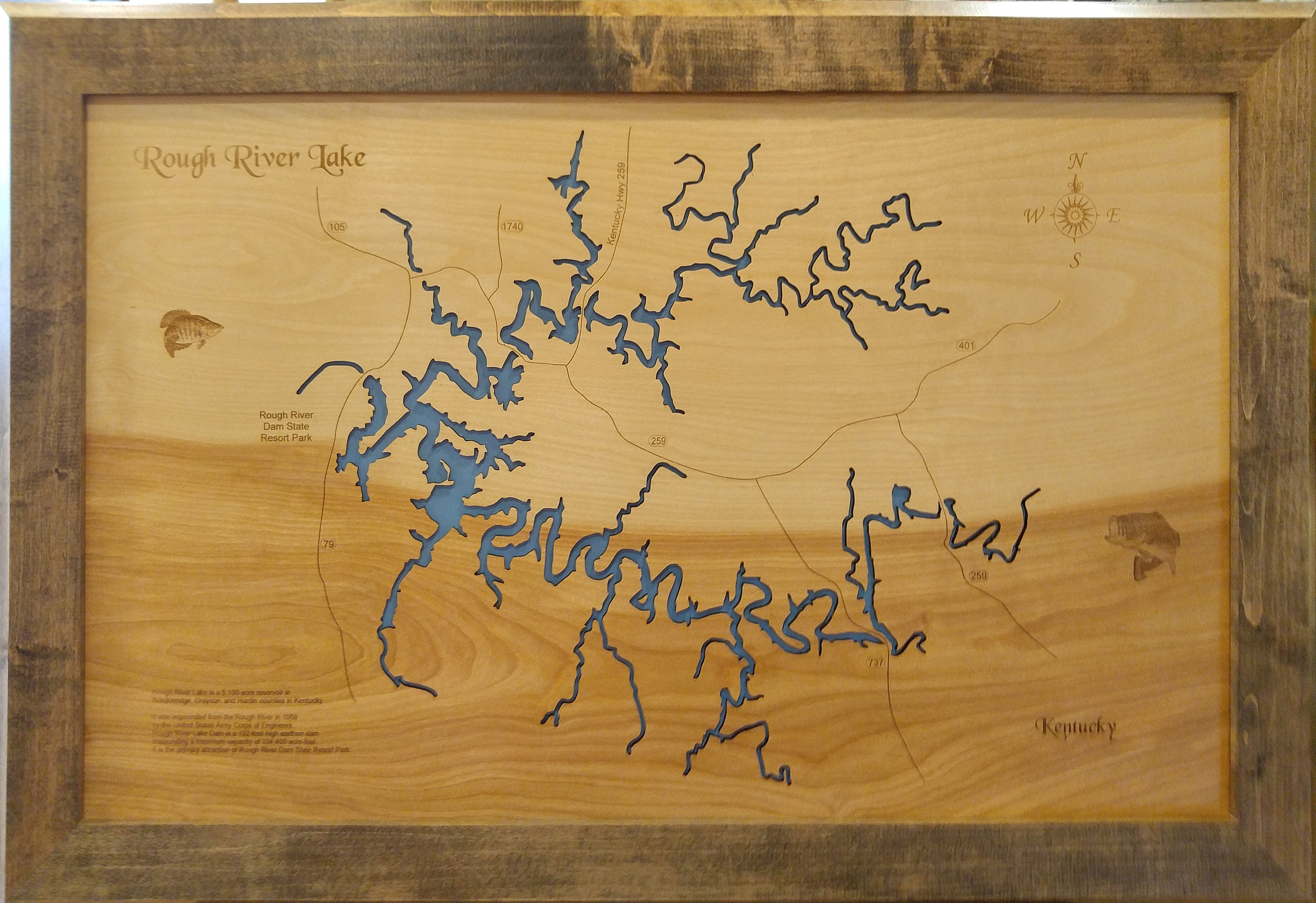 Wood Laser Cut Map of Rough River Lake Kentucky Topographical