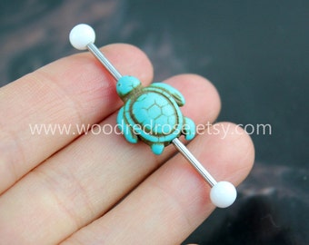 Turtle Industrial Barbell With Turquiose Turtle Body Jewelry Ear Jewelry Double Piercing,Turtle Belly Button Rings, turtle earring