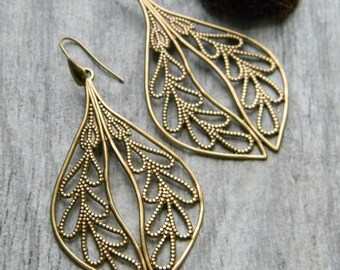 Bohemian earrings big earrings brass filigree teardrop earrings leaves leaf earring gift for her gypsy jewelry hippie earrings free spirit