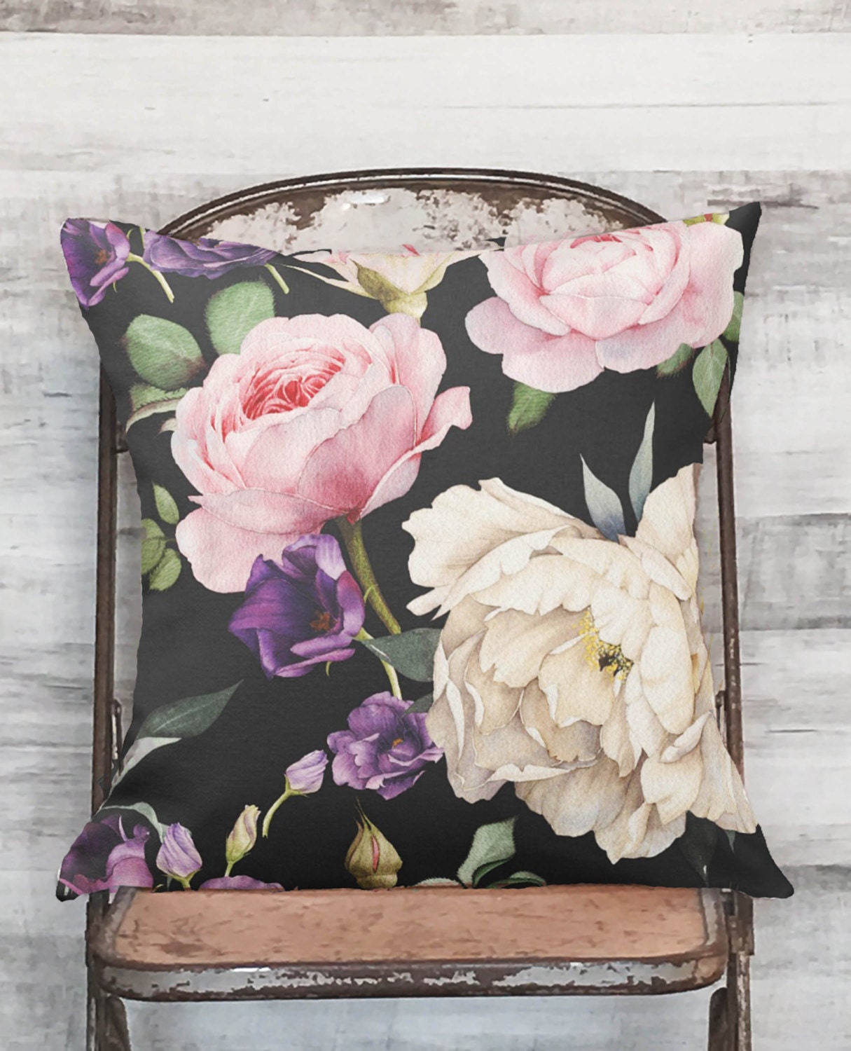 Pillow Cover Pink Rose Botanical Flower on Black 1