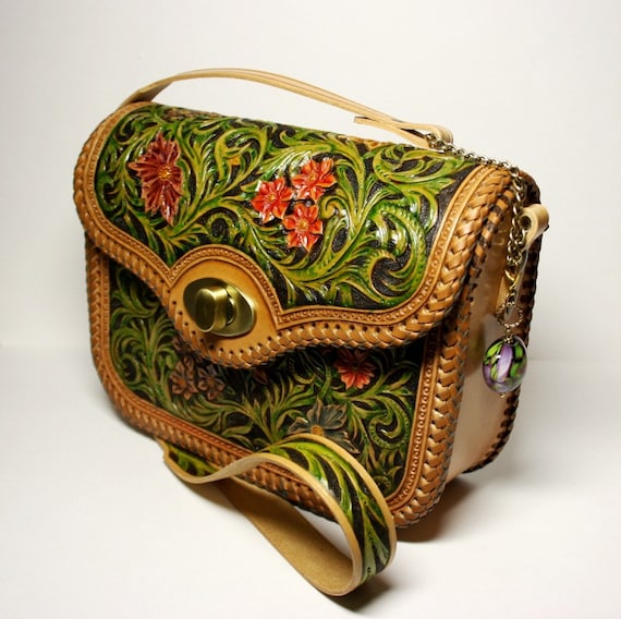 Hand-tooled leather bag handcarved handbag tooled purse
