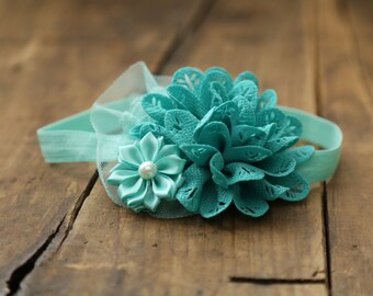 Teal and aqua baby girl headband, Baby girl headband, Spring headband, Teal headband