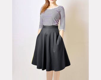 Midi Skirt, High Waist Skirt, Black Flared Skirt, 50s Skirt with Pockets
