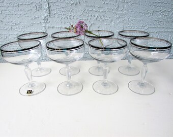 Set of 8 Silver Rimmed Coupe Champagne Glasses - Mid Century - Vintage Carico Crystal- Hollywood Regency Elegance - Silver Banded Glassware